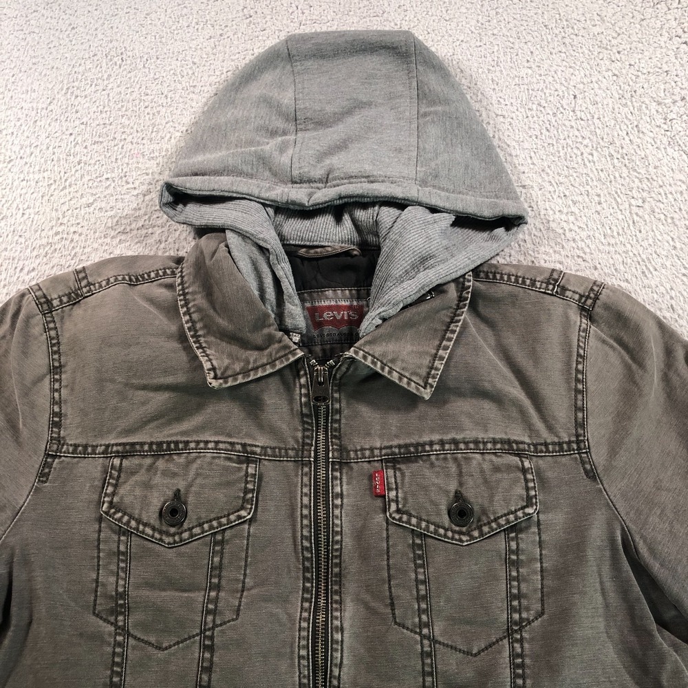 Levis Jacket Adult Medium‎ Gray Canvas Utility Trucker Hooded Quilted Lined Coat
